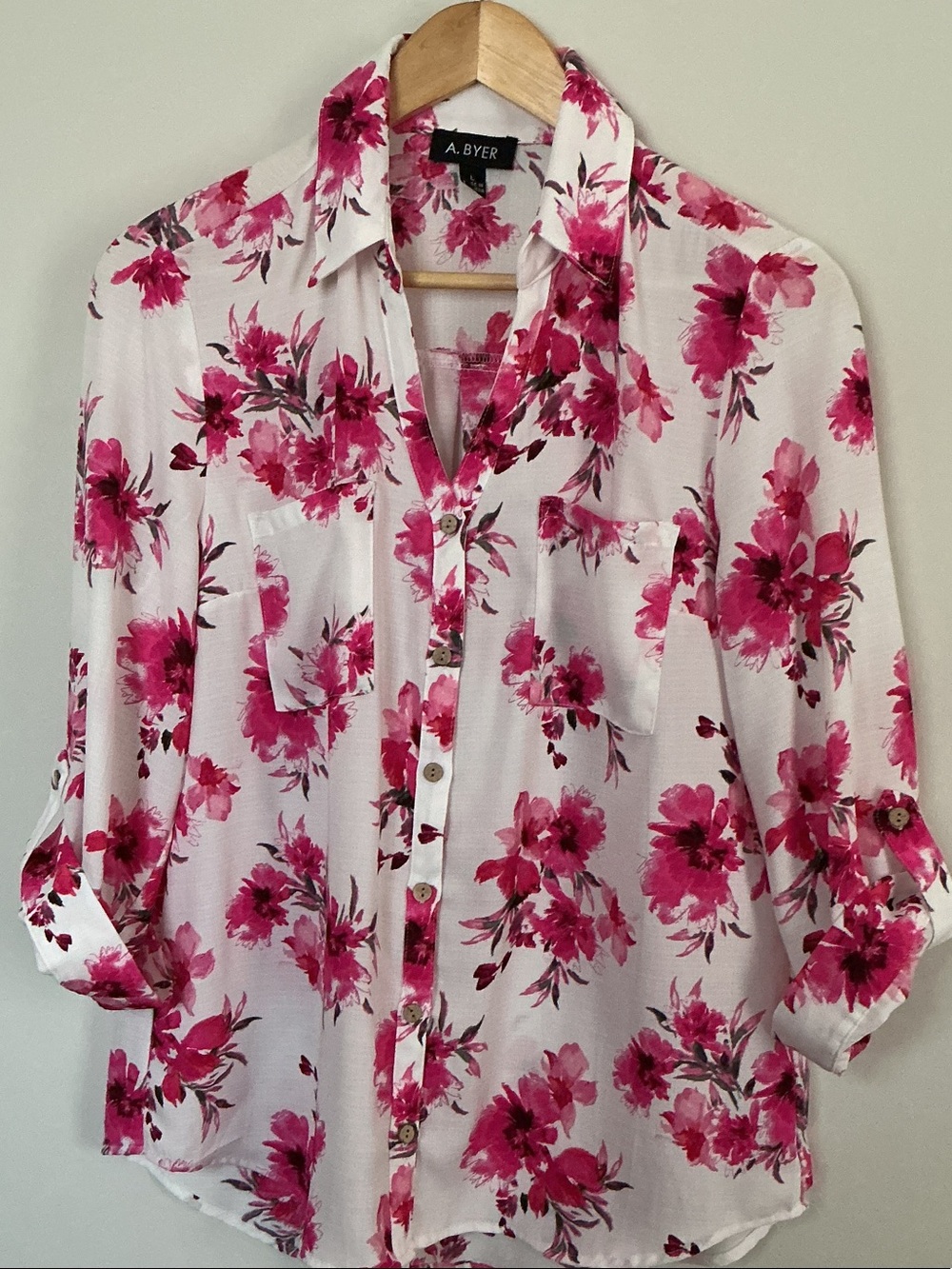 A. Byer White Blouse with Hot Pink Floral Print